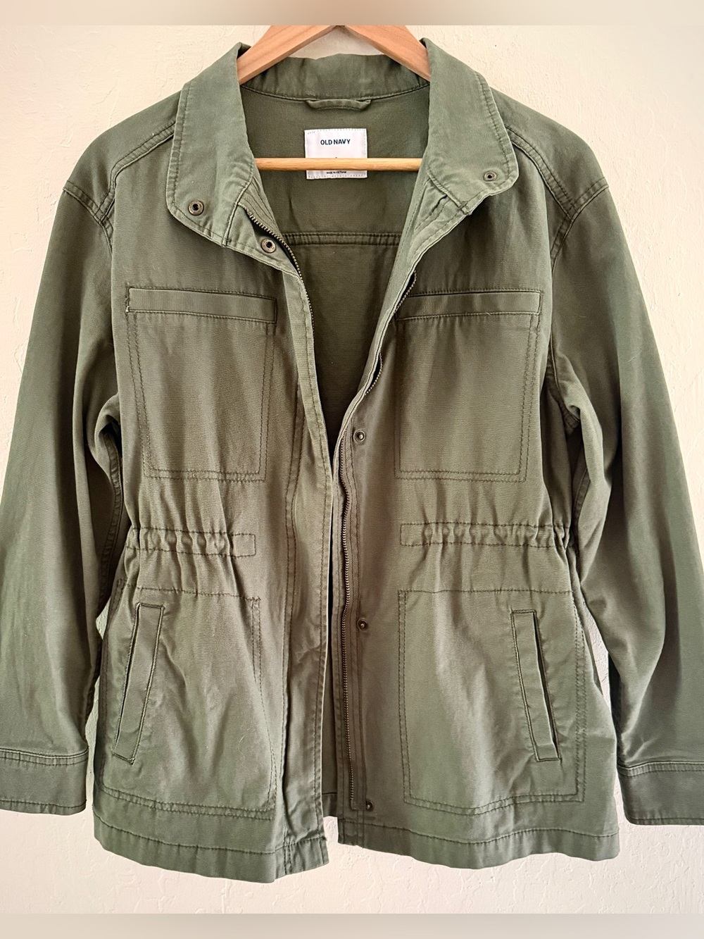🟢 Old Navy Olive Utility Jacket Military Cargo Drawstring Small NWOT